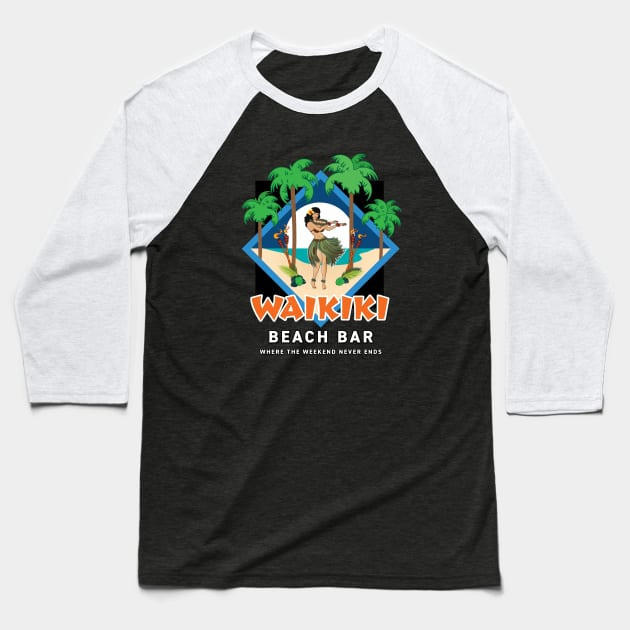 Waikiki Beach Bar with Hula Girl Baseball T-Shirt by PauHanaDesign